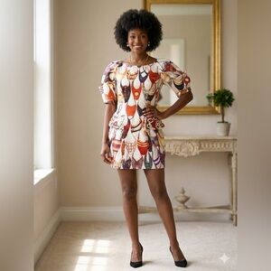 White Silk Multicolor Printed Peplum Mini Dress